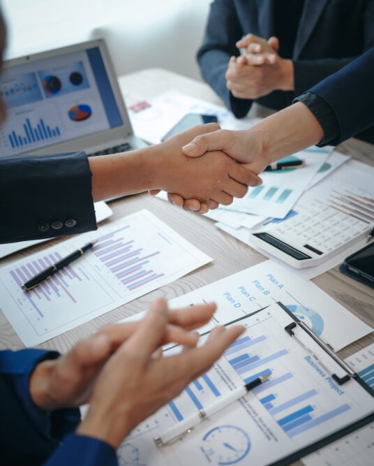 business team meeting, success is celebrated with handshake. Hands close up, dressed in formal suit